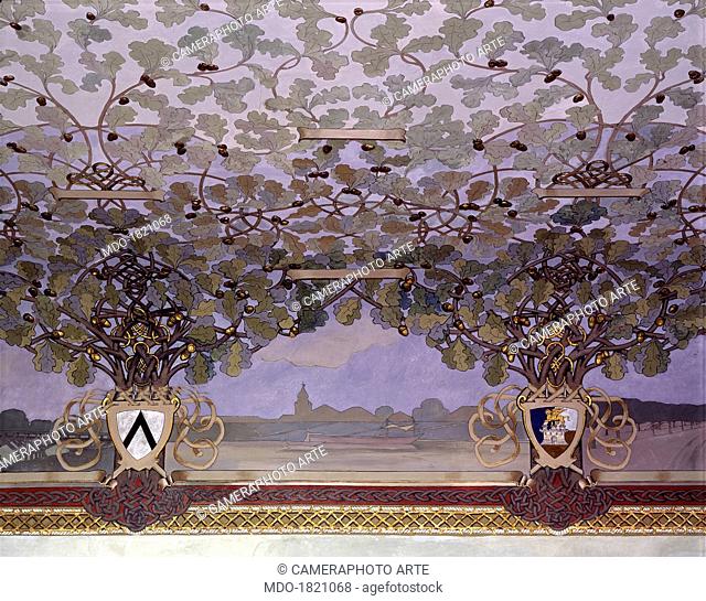 Decoration of the Council Hall, by Amedeo Bianchi, 1909, 20th century, tempera on wall. Italy, Veneto, Badia Polesine, Town Hall. Detail