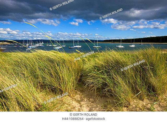 Findhorn, Great Britain, Scotland, Europe, sea, coast, beach, seashore, sand, dunes, grass, Hafewn, sailing ships