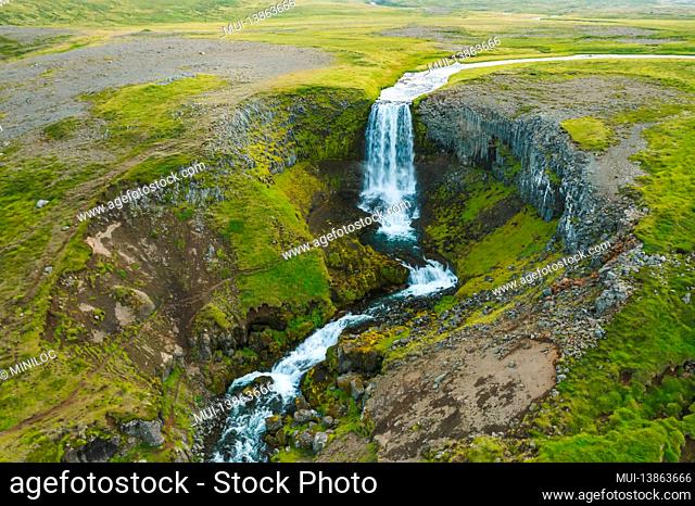 Aerial view of Svodufoss Waterfall. Landscape on peninsula Snaefellsnes in western Iceland