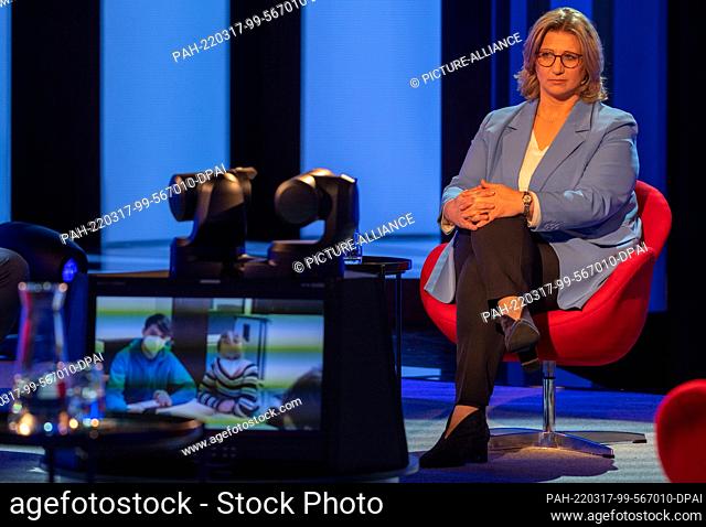 17 March 2022, Saarland, Saarbrücken: Anke Rehlinger (SPD), candidate for the state election in Saarland, looks at a monitor during the talk show in the studio...
