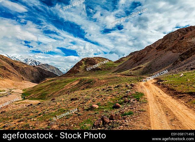 Dirt road in Spiti valley in Himalayas. Spiti valley, Himachal Pradesh, India