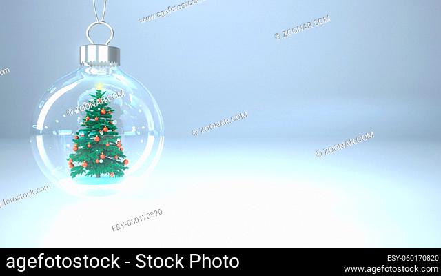 A Christmas tree in the snow globe on the bright background. 3d illustration