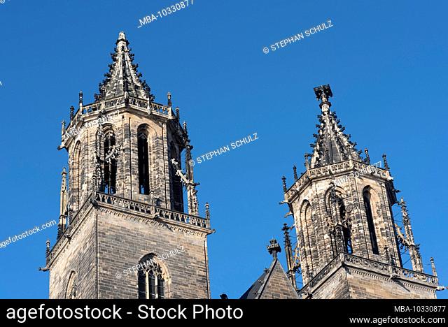 Germany, Saxony-Anhalt, Magdeburg, towers of the cathedral. (In 1520 the cathedral was finished after 311 years of construction.)