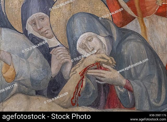 Virgin Mary holding the hand of Jesus, lament over the dead Jesus, Lluc Borrassa, 1430-1434, tempera on wood, Roser Vell church, Majorca, Balearic Islands