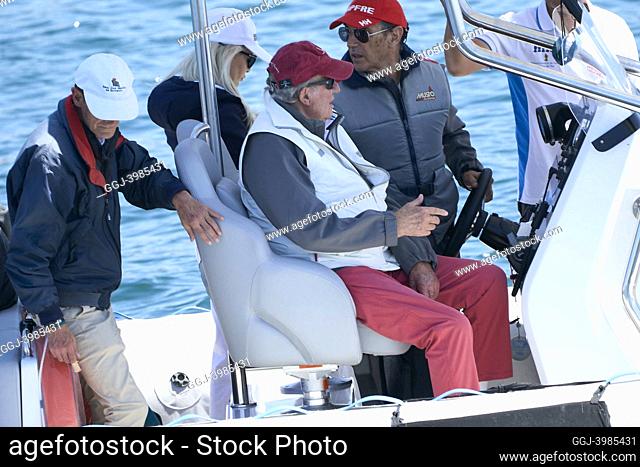 King Juan Carlos of Spain on board Cristina boat during third series of the Spanish 6 Metres Cup day 1 at Sanxenxo Royal Yacht Club on May 20, 2022 in Sansenxo