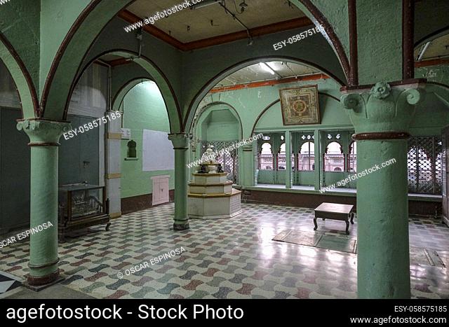 Indore, India - March 2021: Detail of the interior of the Jain Shwetamber Temple on March 12, 2021 in Indore, Madhya Pradesh, India