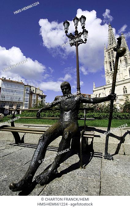 Spain, Castile and Leon, Burgos, statue of the Santiago pilgrim, in front of the cathedral