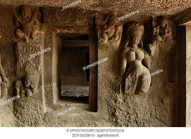 Cave 9, Female figure and dwarfs interior. Aurangabad Caves, Aurangabad, Maharashtra, India