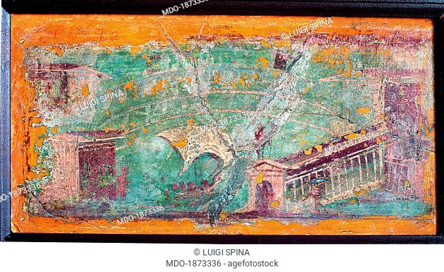 Harbour Landscape, by unknown artist, 45-79, 1st Century A.D., ripped fresco, 19 x 36 cm. Italy, Campania, Naples, National Archaeological Museum, Room LXXIV