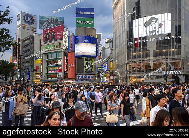 The shibuya district in Tokyo. Shibuya is popular district in Tokyo, for his pedestrian cross, Shibuya, Tokyo. Pedestrians cross Shibuya Crossing