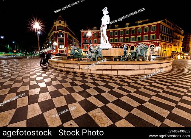 The Fontaine du Soleil on Place Massena at Night, Nice, French Riviera, France