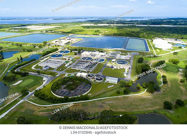 Modern lagoon waste water style sewage treatment plant in Bradenton Florida fl where normal household sewage is treated and filtered and recycled for future...