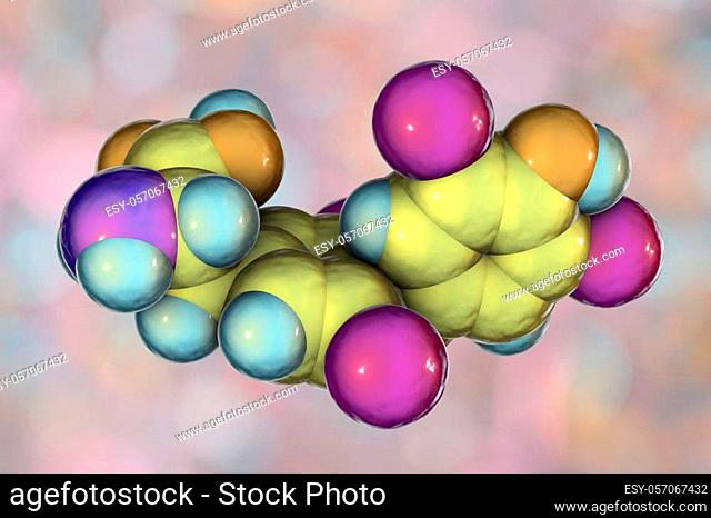 Molecule of thyroxine, T4, a hormone produced by thyroid gland, 3D illustration