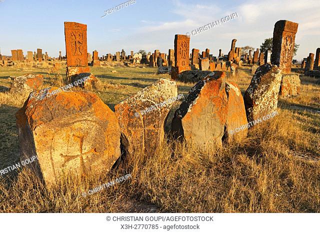 Noratus cemetery (the largest surviving cemetery with khachkars in Armenia), near Lake Sevan, Gegharkunik region, Armenia, Eurasia