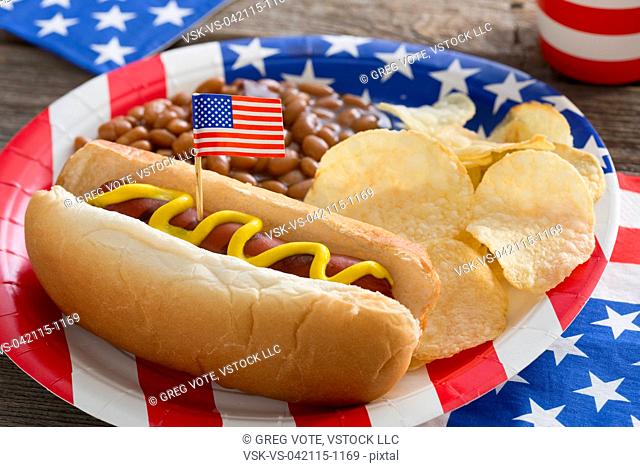 Hot-dog served with beans and chips on USA plate