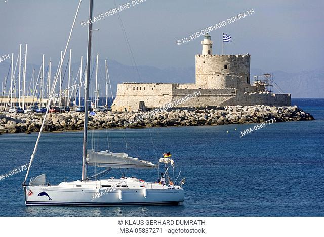 Rhodes, Mandraki harbour with fortress of agio Nikolaos