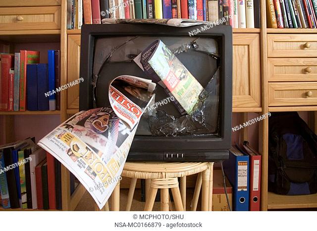 Broken television in a living room