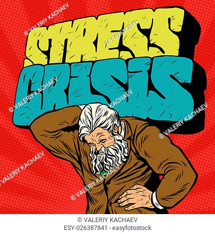 Antique Atlas stress crisis strong man businessman pop art retro style. Greek image in the business. Mighty old man. Boss the head of the company