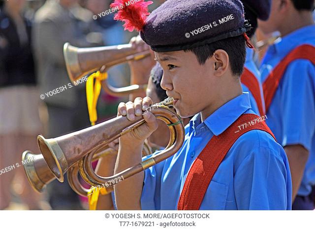 Bugle players Trumpet musician of school music band, Namdapha Eco Cultural Festival, Miao, Arunachal Pradesh, India