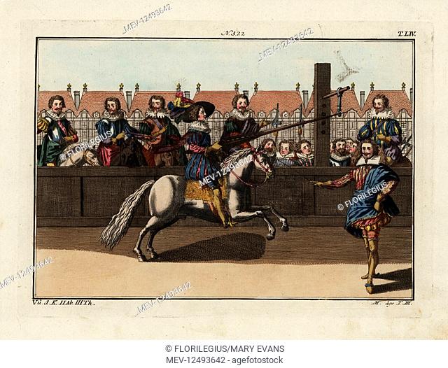 Jousting at a ring. Taken from Antoine de Pluvinel's L'Instruction du Roy en l'exercise de monter a cheval, 1668. Handcoloured copperplate engraving from Robert...