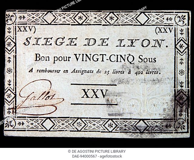 25 sous voucher, issued during the siege of Lyon, 1793. France, 18th century