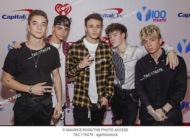 (L-R) Daniel Seavey, Corbyn Besson, Jonah Marais, Zachary Herron and Jack Avery of Why Don't We arrives at the iHeartRadio Y100 Jingle Ball at the BB&T Center...
