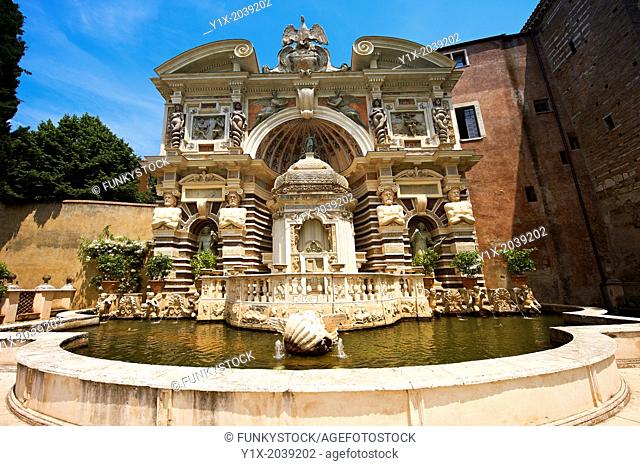 The Organ fountain, 1566, housing organ pipies driven by air from the fountains. Villa d'Este, Tivoli, Italy - Unesco World Heritage Site