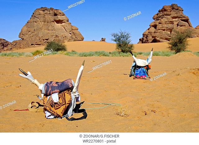 Sättel der Tuareg Nomaden im Wüstensand