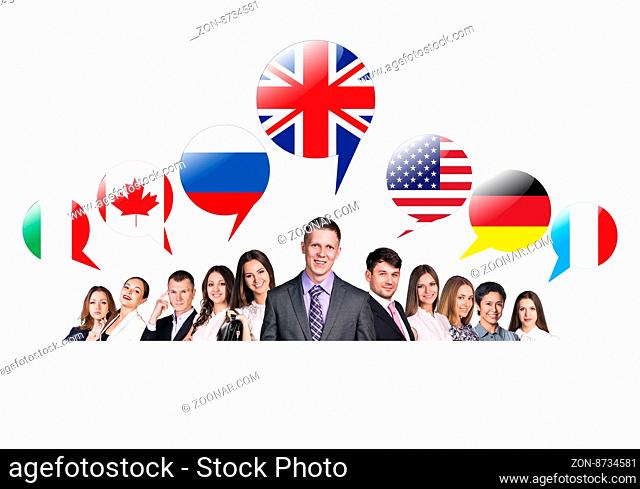 Group of business people talking with foreign speech bubbles