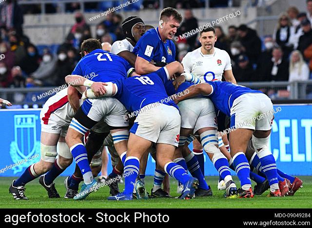 The players in action during the match Italy-England at the Olympic Stadium. Rome (Italy), February 13th, 2022