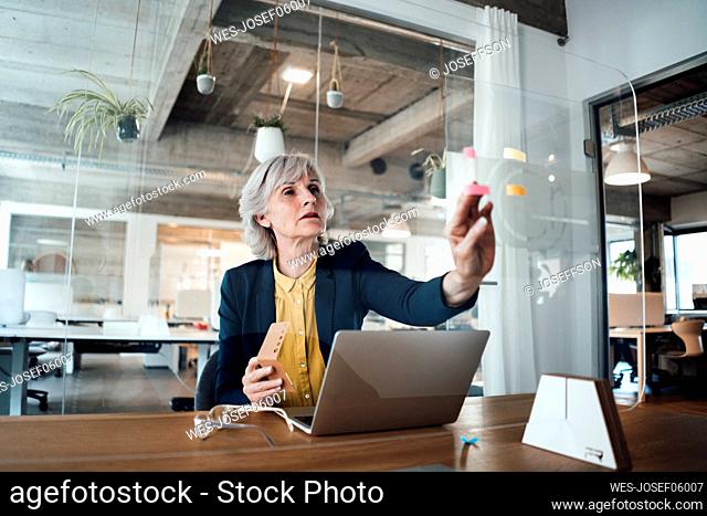 Senior businesswoman putting adhesive note on glass wall