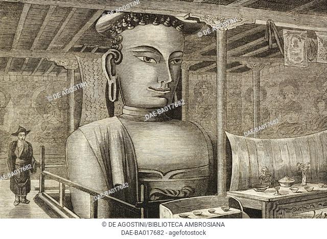 Interior of a temple, with colossal figure of Buddha, Ladakh, India, illustration from the magazine The Graphic, volume XIX, no 475, January 4, 1879