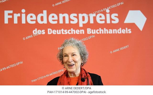 Canadian author Margaret Atwood speaks during a press conference at the Frankfurt Book Fair in Frankfurt, Germany, 14 October 2017