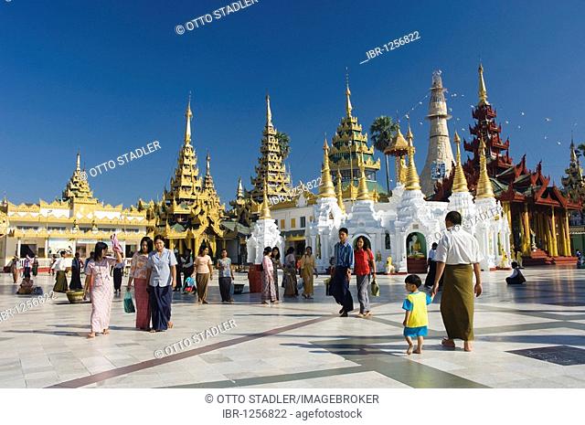 Golden Chedis, Shwedagon pagoda, temple, Rangoon, Yangon, Burma, Myanmar, Asia