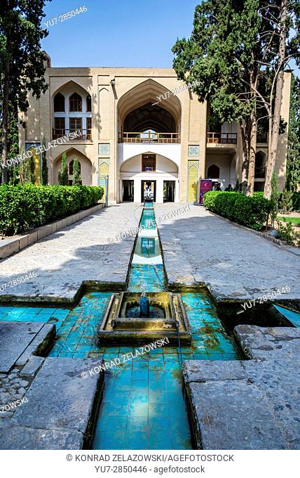 Fountain and central pavilion in oldest extant Persian garden in Iran called Fin Garden (Bagh-e Fin), located in Kashan city