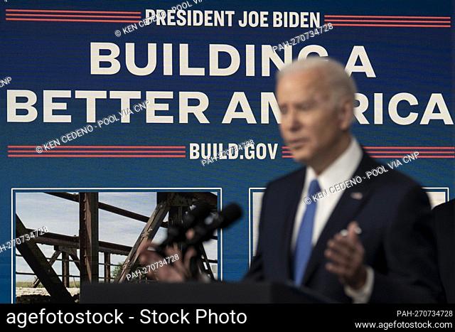 U.S. President Joe Biden announces how the Bipartisan Infrastructure Law will rebuild America’s bridges in the South Court Auditorium of the Eisenhower...