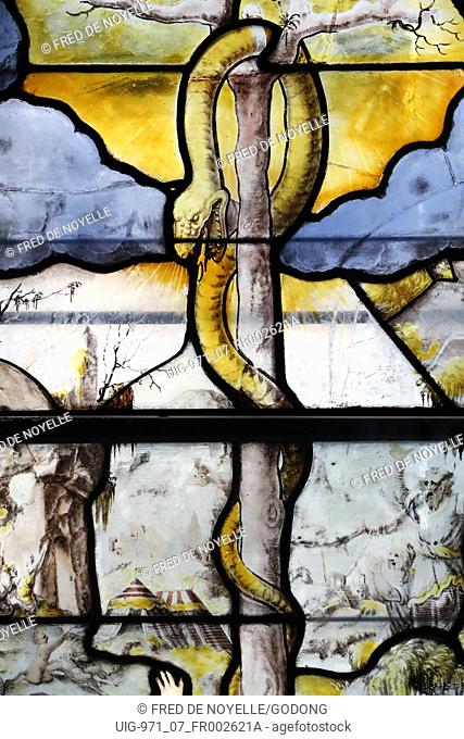 Saint Etienne du Mont church. Stained glass window. The Brazen Serpent. 16th century. Paris. France