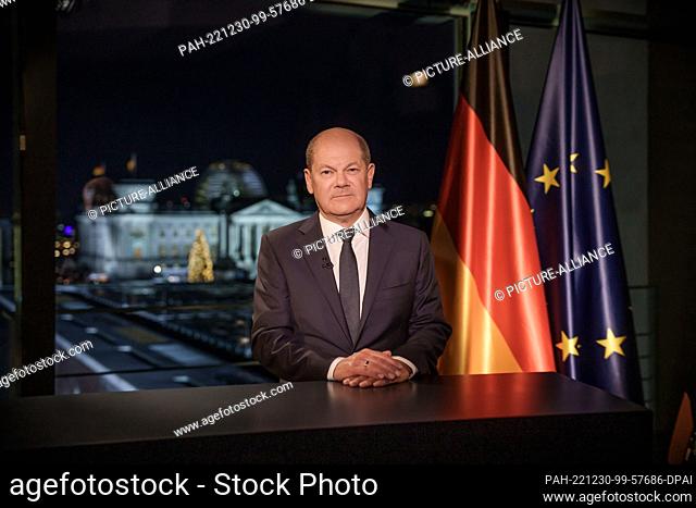 dpatop - ATTENTION: EMBARGOED FOR PUBLICATION UNTIL 31 DECEMBER 00:00 GMT! - 30 December 2022, Berlin: German Chancellor Olaf Scholz (SPD) sits during the...