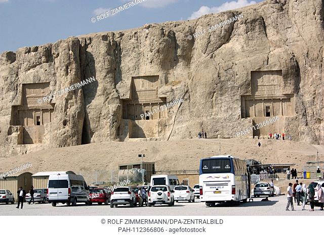 Iran - Naqsh-e Rostam with the cross-shaped rock graves of the King (from left to right) Darius II, Artaxerxes I, Darius I, Fars Province, north of Persepolis