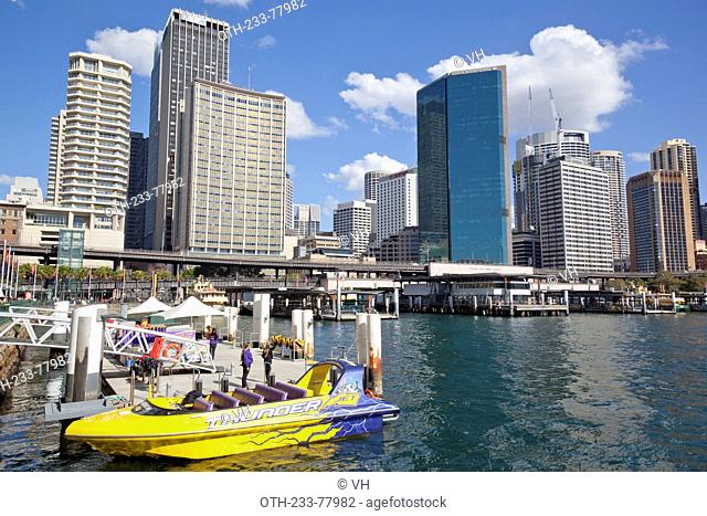 Circular Quay skyline and ferry quays on the northern edge of Sydney business district, Sydney, New South Wales, Australia