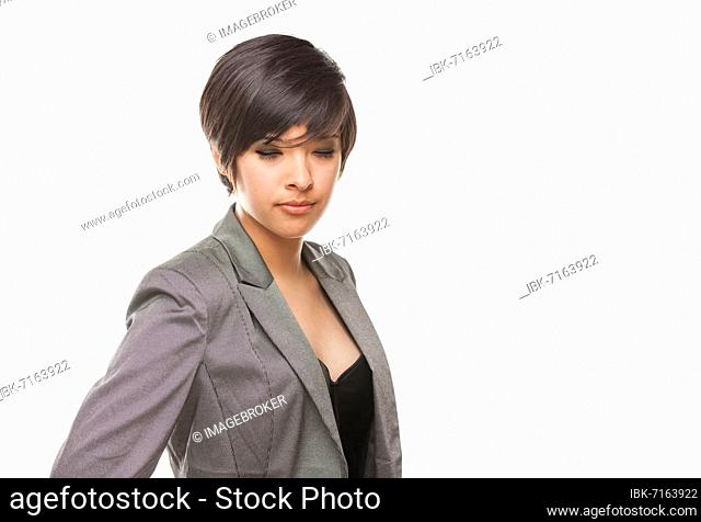 Pretty biracial girl with eyes closed isolated against white background