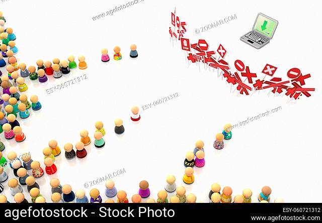 Crowd of small symbolic figures, laptop restricted, 3d illustration, horizontal