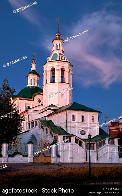 The view of beautiful baroque Church of St. Michael the Archangel in the sunset light. Tobolsk. Russia