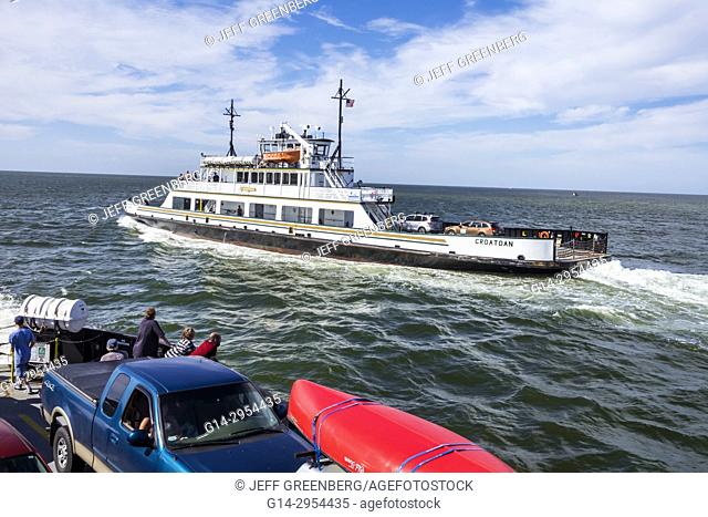North Carolina, NC, Outer Banks, Pamlico Sound, Ocracoke Island, Hatteras, ferry, water, navigating, vehicles, waves, passing boat