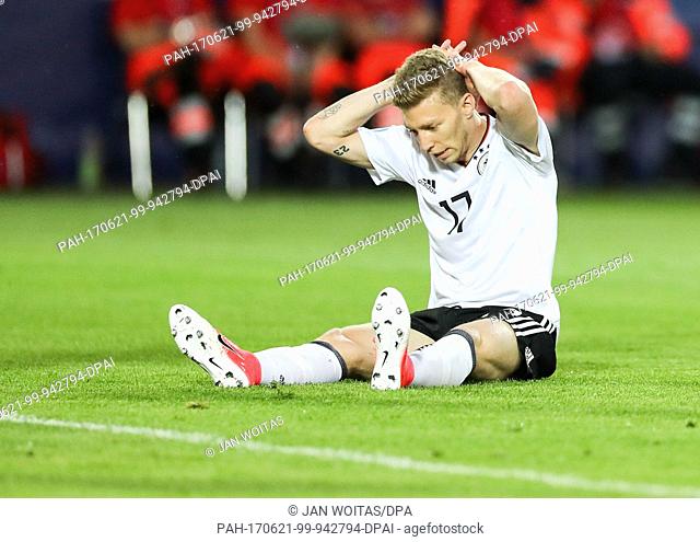 German player Mitchell Weiser laments a missed shot during the group C preliminary stage soccer match between Germany and Denmark at the U-21 European...