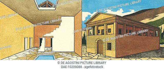 Interior of a Greek-inspired Etruscan house; outside of an Etruscan house of villa type, drawing, Italy, Etruscan civilization
