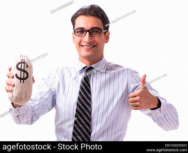 The young businessman with money sack isolated on white background