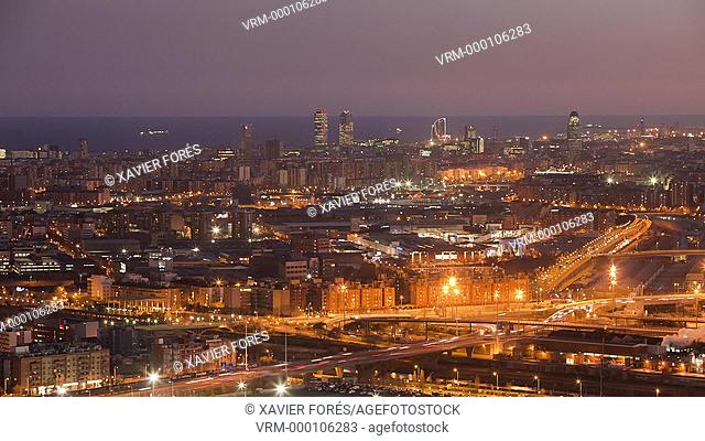 Aerial view of Barcelona city at night, Barcelona, Spain