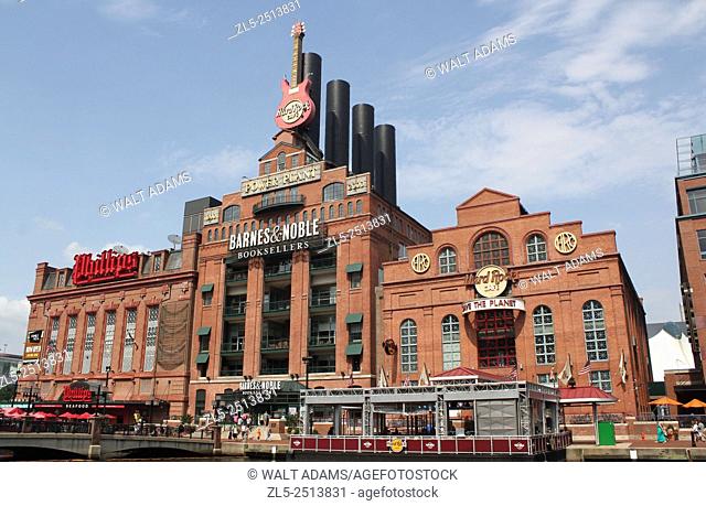 Historic landmark buildings at the Baltimore, Maryland USA Inner Harbor tourist attraction