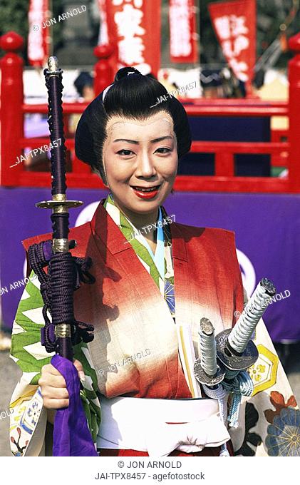 Japan, Tokyo, Women Dressed in Traditional Samurai Costume, Jidai Matsuri Festival, Sensoji Temple Asakusa
